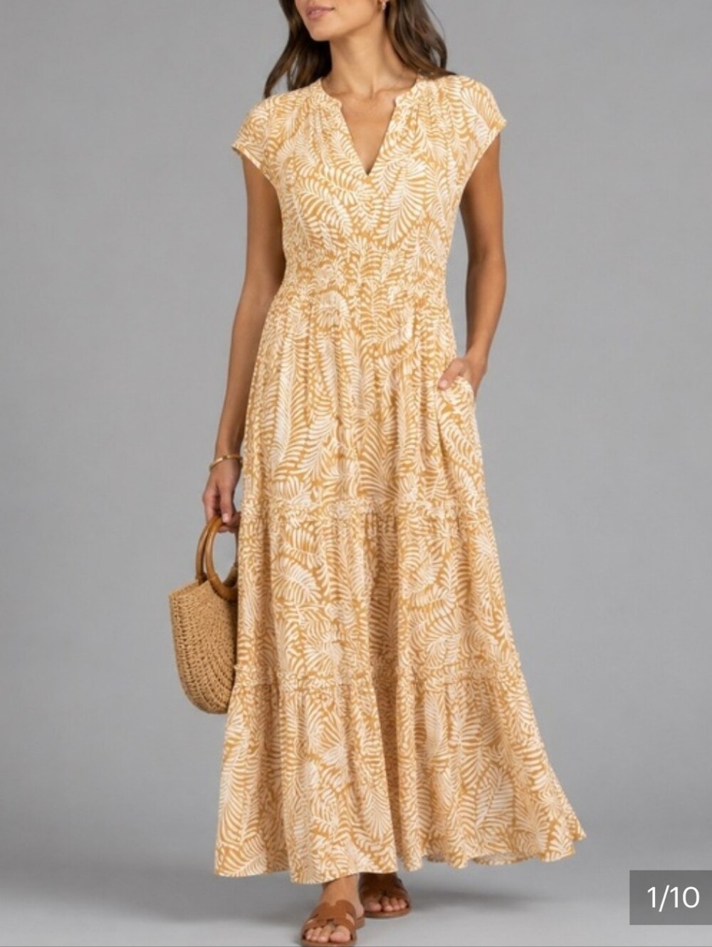 Rachel Zoe Linen-blend Palm Leaf Maxi Dress Effortless Boho, Coastal-Resort